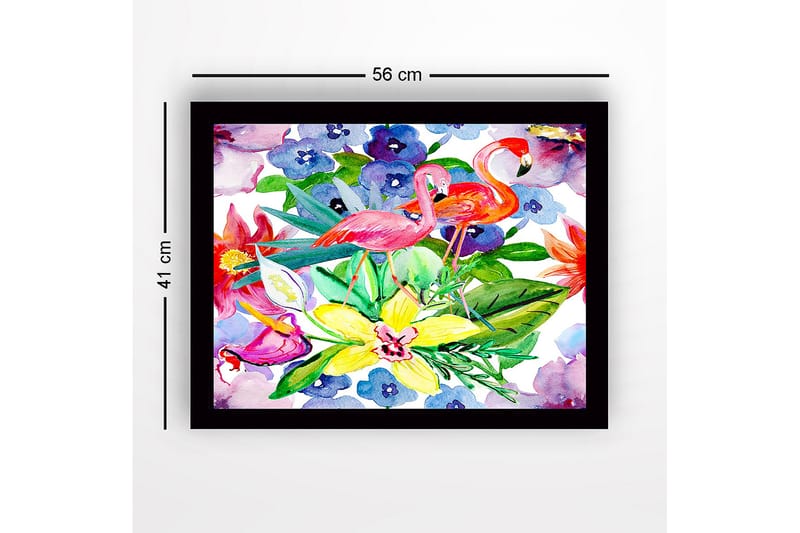 Innrammet lerretsbilde i tre - 41x56 cm - Flamingoer blant fargerike blomster og grønne blader - Rosa / Grønn / Gul - Innredning - Bilder & kunst