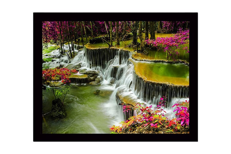 Innrammet lerretsbilde i tre - 41x56 cm - Foss omgitt av fargerike blomster og grøntområder, Grønn / Rosa / Gul
