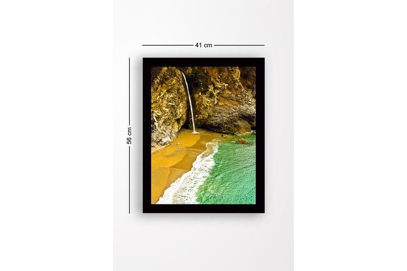 Innrammet lerretsbilde i tre - 41x56 cm - Foss som renner ut i en strandvik omgitt av klipper - Gull / Turkis / Grå - Innredning - Bilder & kunst