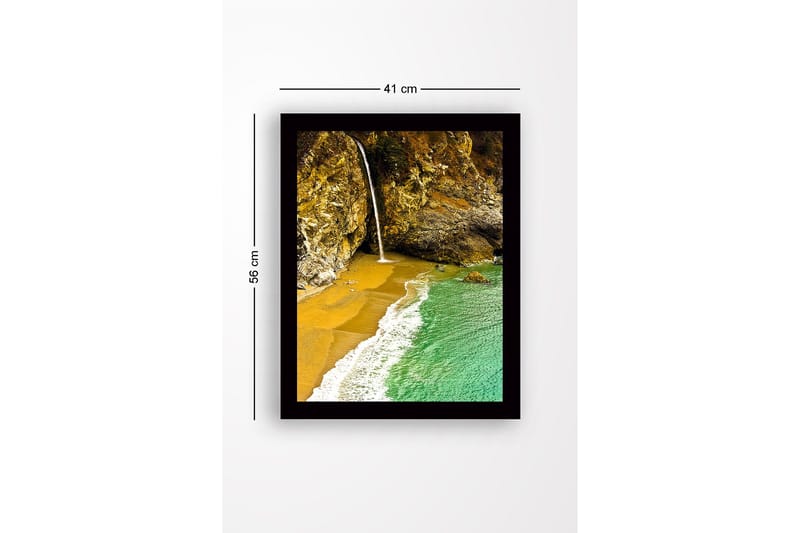 Innrammet lerretsbilde i tre - 41x56 cm - Foss som renner ut i en strandvik omgitt av klipper - Gull / Turkis / Grå - Innredning - Bilder & kunst