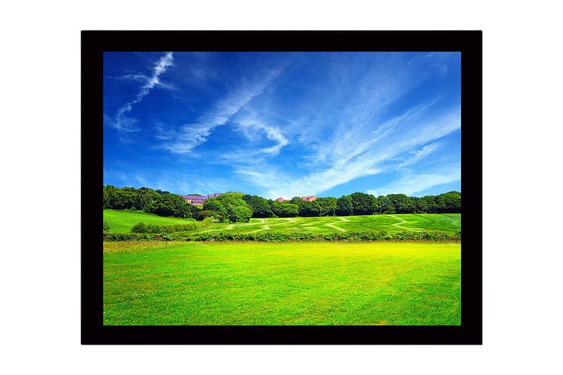 Innrammet lerretsbilde i tre - 41x56 cm - Frodig landskap med frodige enger og blå himmel, Grønn / Blå