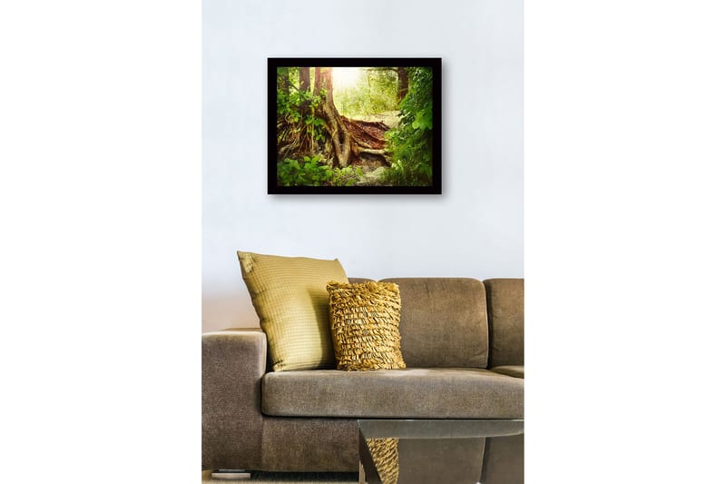 Innrammet lerretsbilde i tre - 41x56 cm - Frodig skog med en stor trerot og solstråler som siver gjennom løvverket - Grønn / Brun / Gul - Innredning - Bilder & kunst