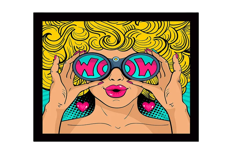 Innrammet lerretsbilde i tre - 41x56 cm - Glamorøs kvinne med store solbriller og krøllete blondt hår, Gul / Rosa / Turkis