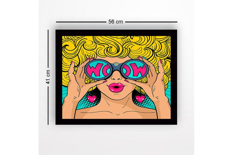 Innrammet lerretsbilde i tre - 41x56 cm - Glamorøs kvinne med store solbriller og krøllete blondt hår - Gul / Rosa / Turkis - Innredning - Bilder & kunst