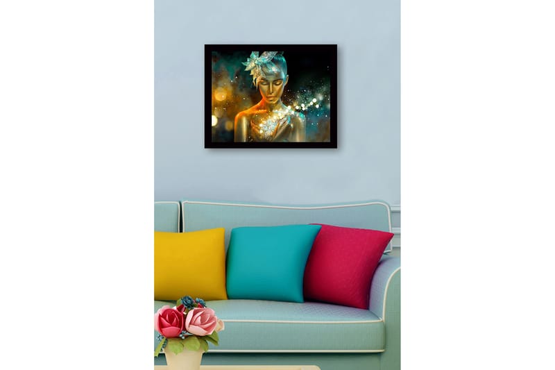 Innrammet lerretsbilde i tre - 41x56 cm - Glitrende kvinne med gyllen hud og en blomst i håret - Gull / Turkis / Oransje - Innredning - Bilder & kunst