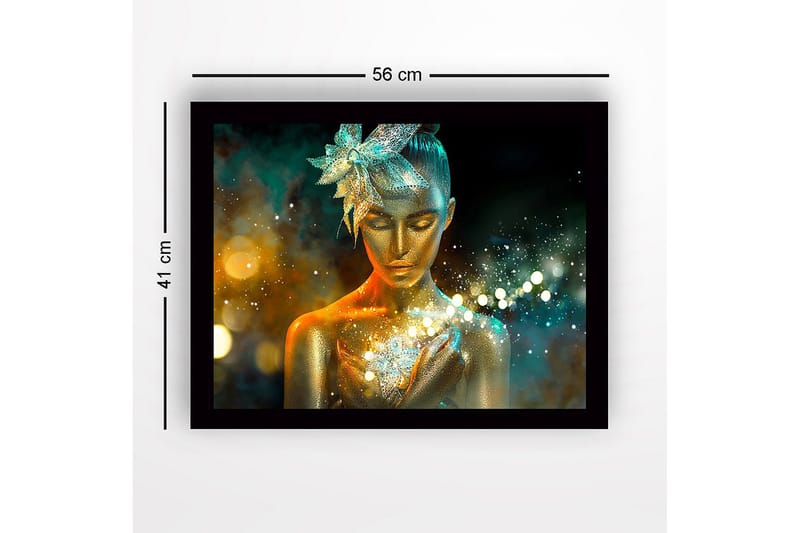 Innrammet lerretsbilde i tre - 41x56 cm - Glitrende kvinne med gyllen hud og en blomst i håret - Gull / Turkis / Oransje - Innredning - Bilder & kunst