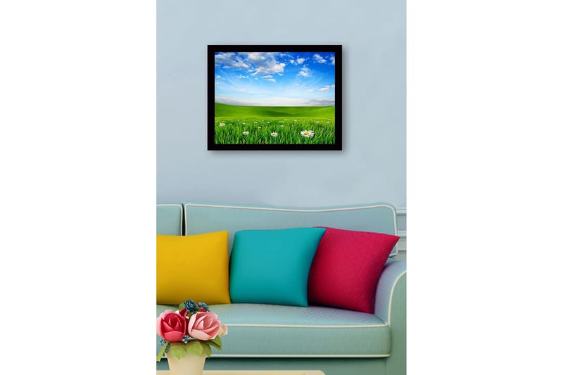 Innrammet lerretsbilde i tre - 41x56 cm - Grønn eng med hvite tusenfryd under en klar blå himmel - Grønn / Blå / Hvit - Innredning - Bilder & kunst