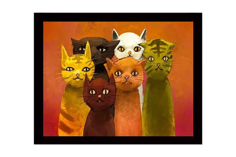 Innrammet lerretsbilde i tre - 41x56 cm - Gruppe fargerike katter med forskjellige uttrykk - Gul / Grønn / Oransje - Innredning - Bilder & kunst