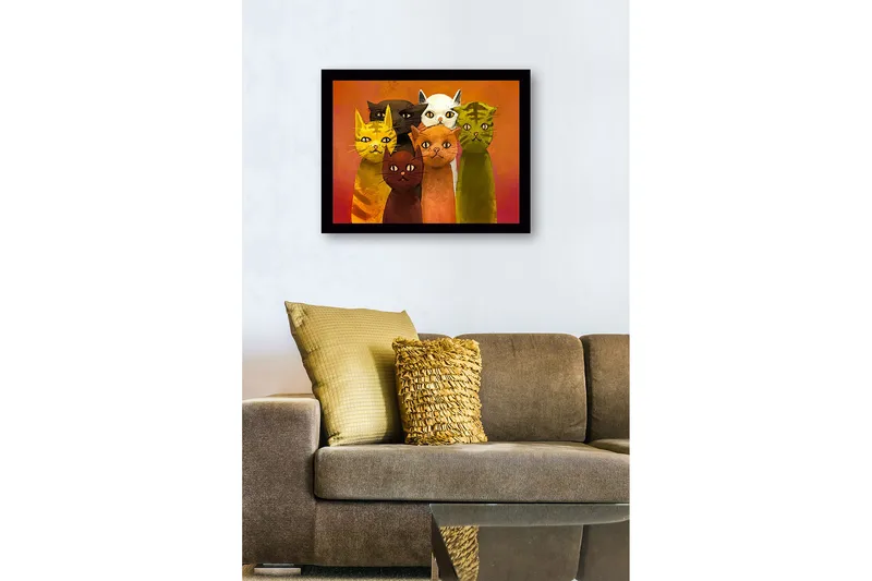 Innrammet lerretsbilde i tre - 41x56 cm - Gruppe fargerike katter med forskjellige uttrykk - Gul / Grønn / Oransje - Innredning - Bilder & kunst