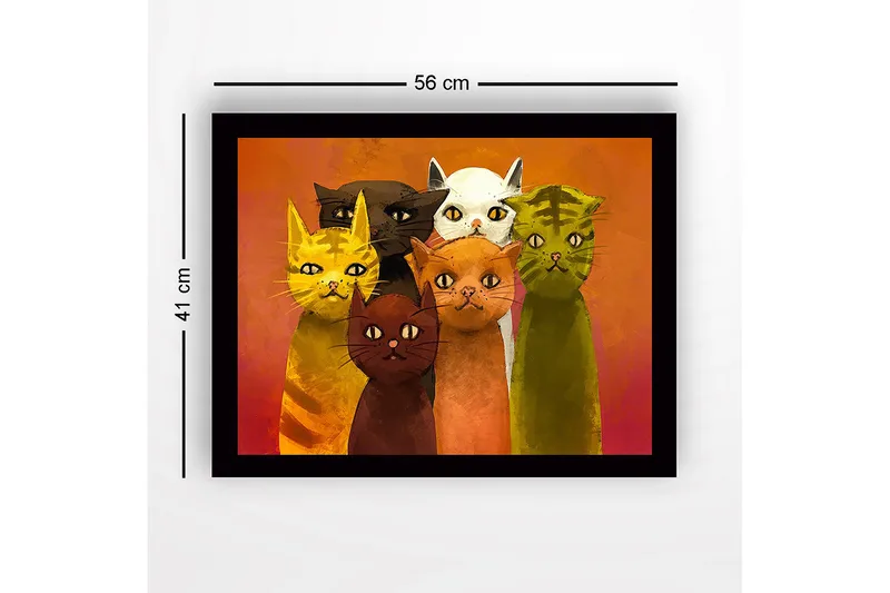 Innrammet lerretsbilde i tre - 41x56 cm - Gruppe fargerike katter med forskjellige uttrykk - Gul / Grønn / Oransje - Innredning - Bilder & kunst