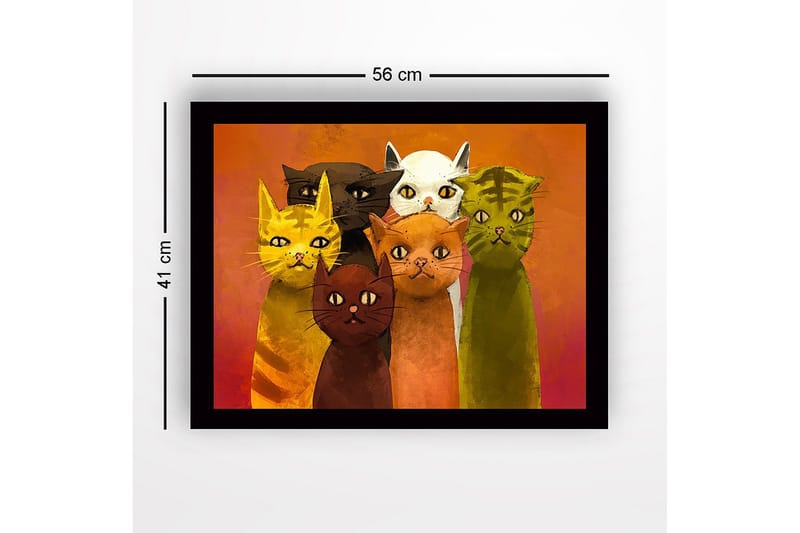 Innrammet lerretsbilde i tre - 41x56 cm - Gruppe fargerike katter med forskjellige uttrykk - Gul / Grønn / Oransje - Innredning - Bilder & kunst