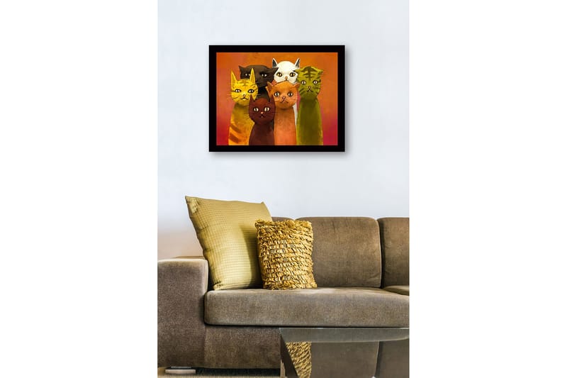 Innrammet lerretsbilde i tre - 41x56 cm - Gruppe fargerike katter med forskjellige uttrykk - Gul / Grønn / Oransje - Innredning - Bilder & kunst