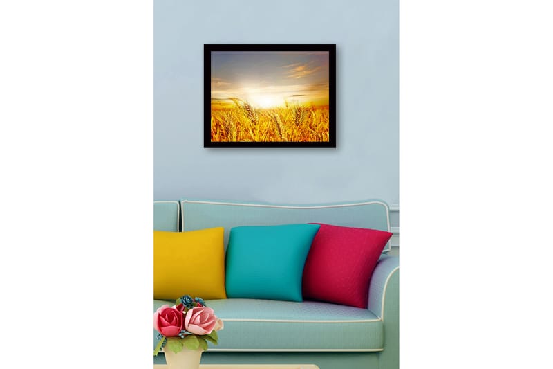 Innrammet lerretsbilde i tre - 41x56 cm - Gyldne hveteåkre under soloppgang - Gull / Oransje / Lyseblå - Innredning - Bilder & kunst