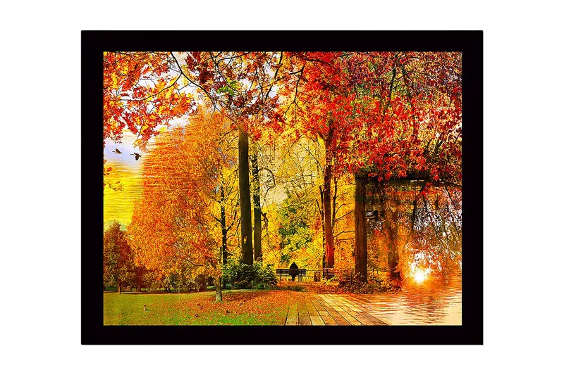 Innrammet lerretsbilde i tre - 41x56 cm - Høstlandskap med fargerike trær og en solnedgang ved en innsjø - Oransje / Rød / Gul - Innredning - Bilder & kunst
