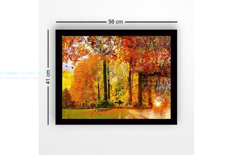 Innrammet lerretsbilde i tre - 41x56 cm - Høstlandskap med fargerike trær og en solnedgang ved en innsjø - Oransje / Rød / Gul - Innredning - Bilder & kunst