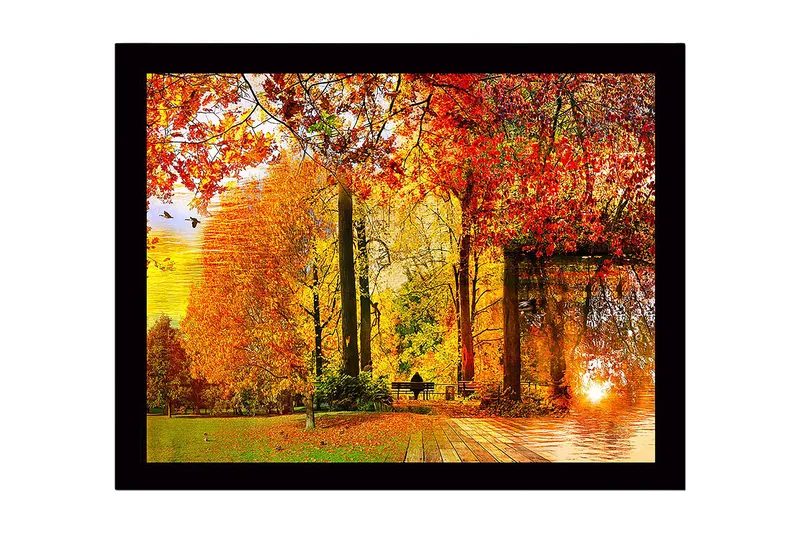 Innrammet lerretsbilde i tre - 41x56 cm - Høstlandskap med fargerike trær og en solnedgang ved en innsjø - Oransje / Rød / Gul - Innredning - Bilder & kunst