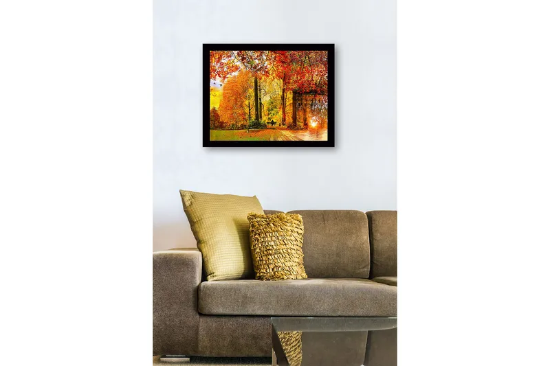 Innrammet lerretsbilde i tre - 41x56 cm - Høstlandskap med fargerike trær og en solnedgang ved en innsjø - Oransje / Rød / Gul - Innredning - Bilder & kunst