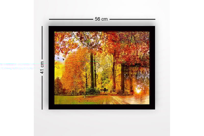 Innrammet lerretsbilde i tre - 41x56 cm - Høstlandskap med fargerike trær og en solnedgang ved en innsjø - Oransje / Rød / Gul - Innredning - Bilder & kunst