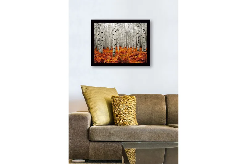 Innrammet lerretsbilde i tre - 41x56 cm - Høstskog med bjørker og gyldne bregner - Hvit / Oransje - Innredning - Bilder & kunst