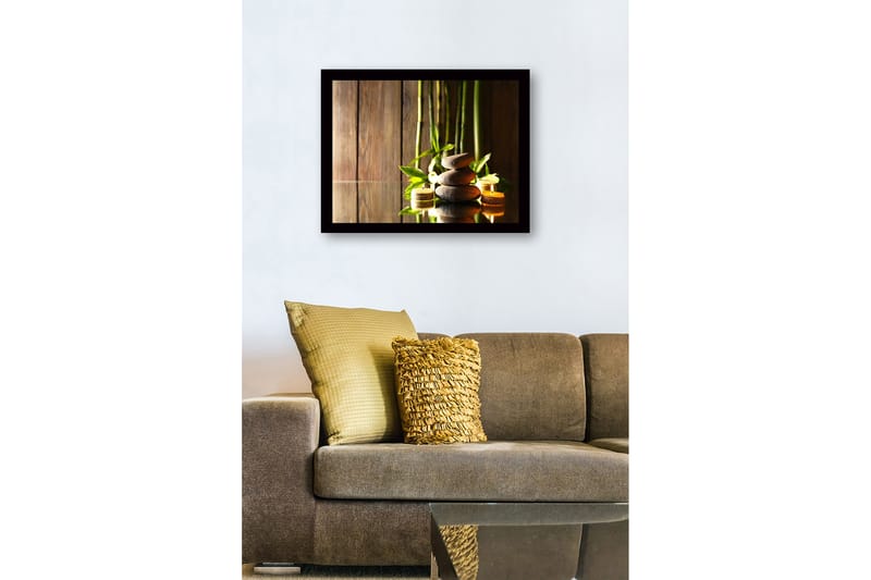 Innrammet lerretsbilde i tre - 41x56 cm - Harmonisk komposisjon av steiner og bambus med stearinlyslykter - Grå / Grønn / Beige - Innredning - Bilder & kunst