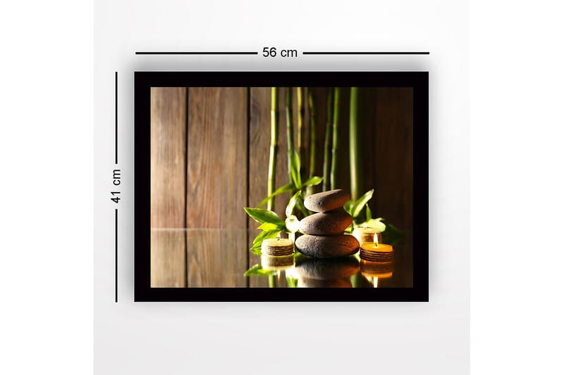 Innrammet lerretsbilde i tre - 41x56 cm - Harmonisk komposisjon av steiner og bambus med stearinlyslykter - Grå / Grønn / Beige - Innredning - Bilder & kunst
