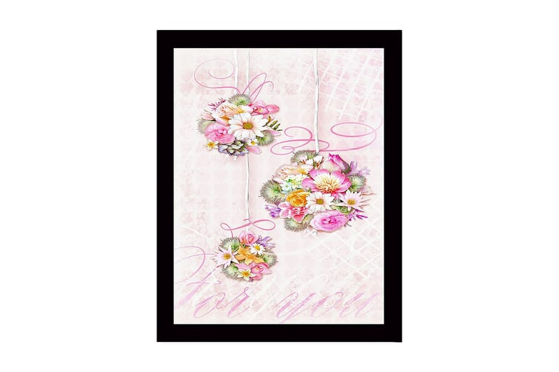 Innrammet lerretsbilde i tre - 41x56 cm - Hengende blomsterbuketter i pastellfarger, Rosa / Grønn / Gul