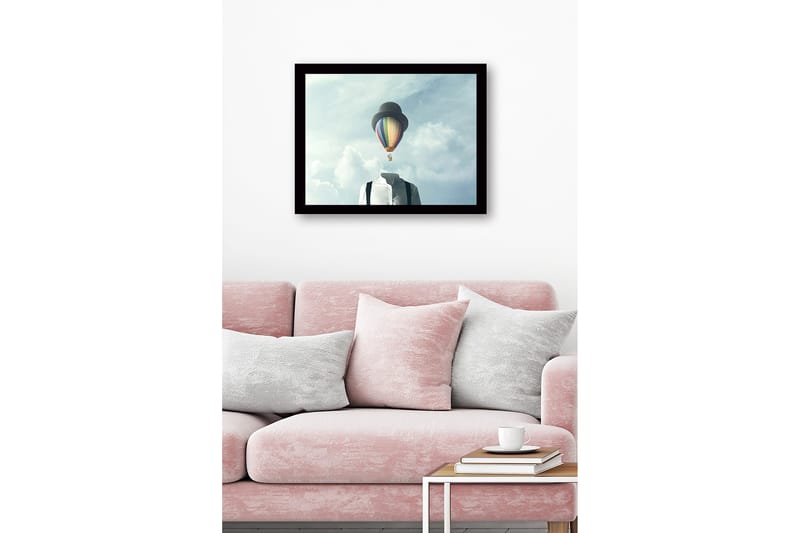 Innrammet lerretsbilde i tre - 41x56 cm - Hodeløs mann i hvit skjorte med en fargerik varmluftsballong over seg - Blå / Grønn / Rød - Innredning - Bilder & kunst