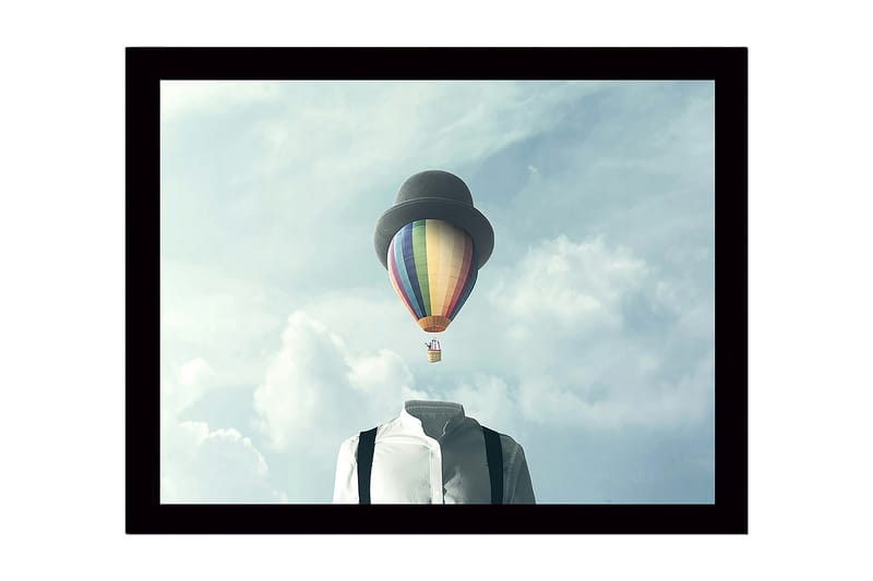 Innrammet lerretsbilde i tre - 41x56 cm - Hodeløs mann i hvit skjorte med en fargerik varmluftsballong over seg, Blå / Grønn / Rød