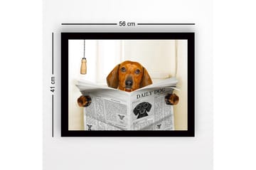 Innrammet lerretsbilde i tre - 41x56 cm - Hund som leser avisen DAILY DOG - Brun / Svart / Hvit - Innredning - Bilder & kunst