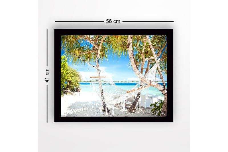 Innrammet lerretsbilde i tre - 41x56 cm - Hvit hengekøye mellom palmer på solrik hvit sandstrand - Turkis / Grønn / Hvit - Innredning - Bilder & kunst