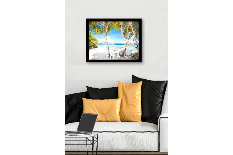 Innrammet lerretsbilde i tre - 41x56 cm - Hvit hengekøye mellom palmer på solrik hvit sandstrand - Turkis / Grønn / Hvit - Innredning - Bilder & kunst