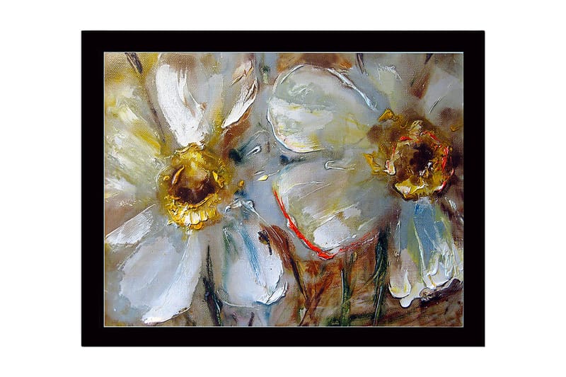 Innrammet lerretsbilde i tre - 41x56 cm - Hvite blomster med gyldne sentre, Hvit / Gull / Grønn