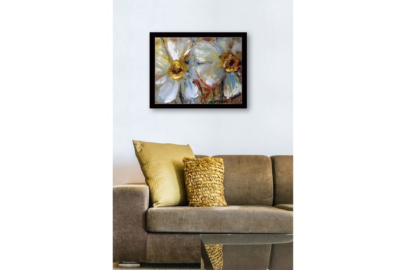 Innrammet lerretsbilde i tre - 41x56 cm - Hvite blomster med gyldne sentre - Hvit / Gull / Grønn - Innredning - Bilder & kunst