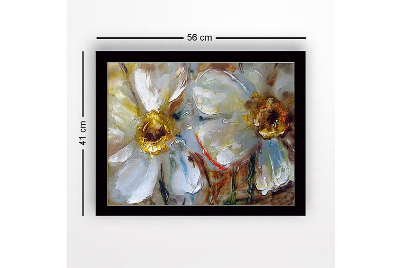 Innrammet lerretsbilde i tre - 41x56 cm - Hvite blomster med gyldne sentre - Hvit / Gull / Grønn - Innredning - Bilder & kunst