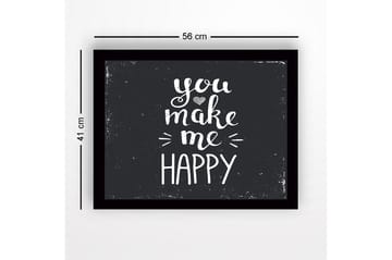 Innrammet lerretsbilde i tre - 41x56 cm - Inspirerende tekst med budskapet you make me happy - Hvit / Svart - Innredning - Bilder & kunst