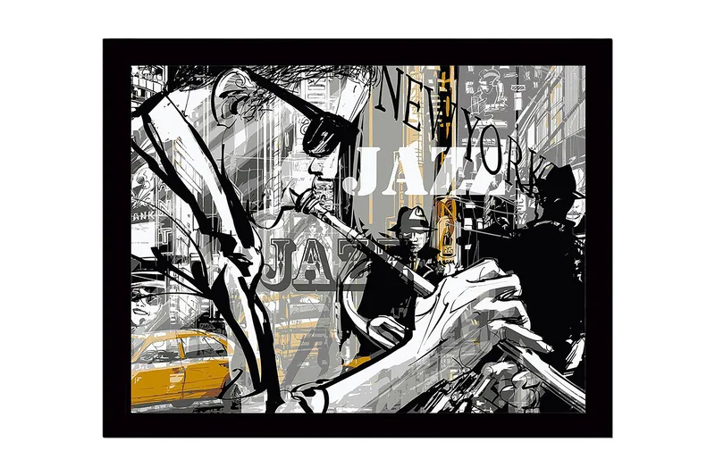 Innrammet lerretsbilde i tre - 41x56 cm - Jazzmusikere i et livlig bymiljø - Svart / Grå / Gul - Innredning - Bilder & kunst