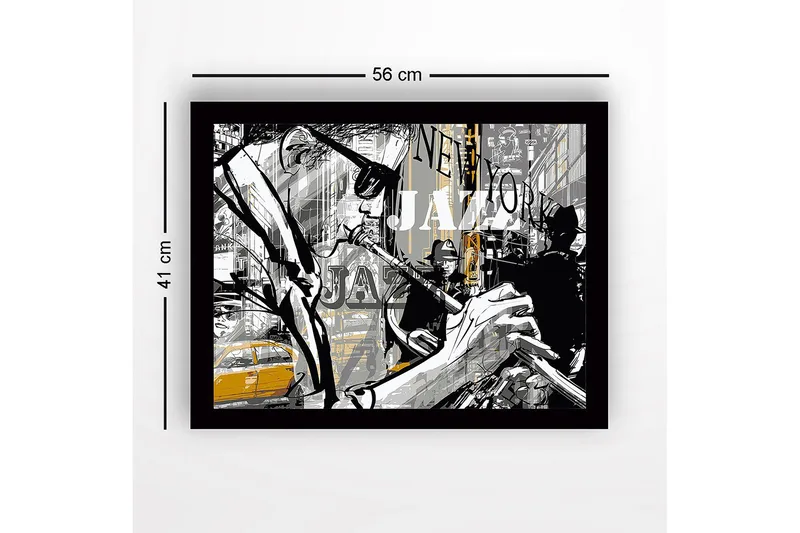 Innrammet lerretsbilde i tre - 41x56 cm - Jazzmusikere i et livlig bymiljø - Svart / Grå / Gul - Innredning - Bilder & kunst