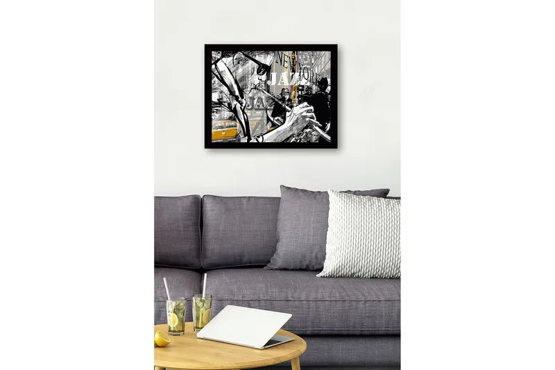 Innrammet lerretsbilde i tre - 41x56 cm - Jazzmusikere i et livlig bymiljø - Svart / Grå / Gul - Innredning - Bilder & kunst