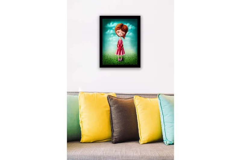 Innrammet lerretsbilde i tre - 41x56 cm - Jente som holder et hjerte i hendene - Turkis / Rosa / Grønn - Innredning - Bilder & kunst