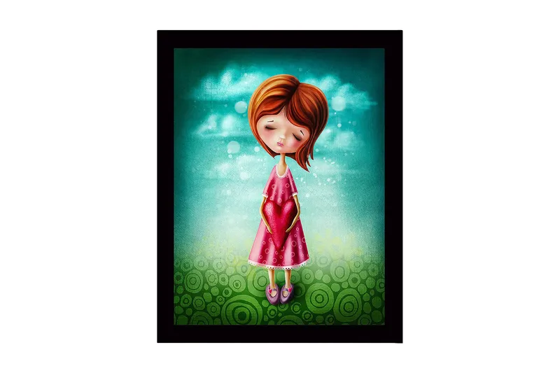 Innrammet lerretsbilde i tre - 41x56 cm - Jente som holder et hjerte i hendene, Turkis / Rosa / Grønn