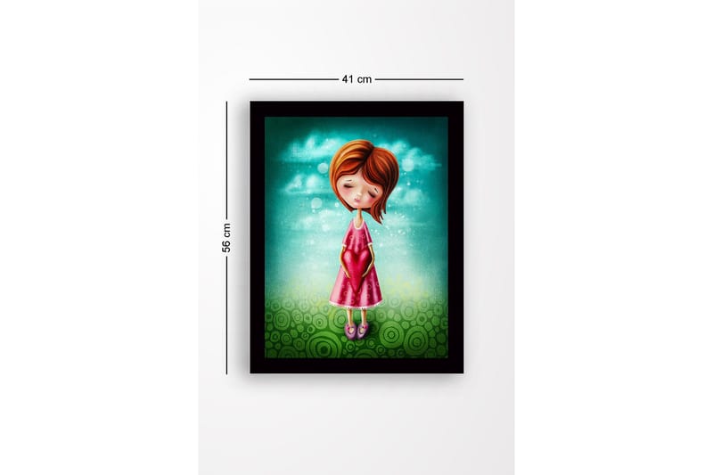 Innrammet lerretsbilde i tre - 41x56 cm - Jente som holder et hjerte i hendene - Turkis / Rosa / Grønn - Innredning - Bilder & kunst