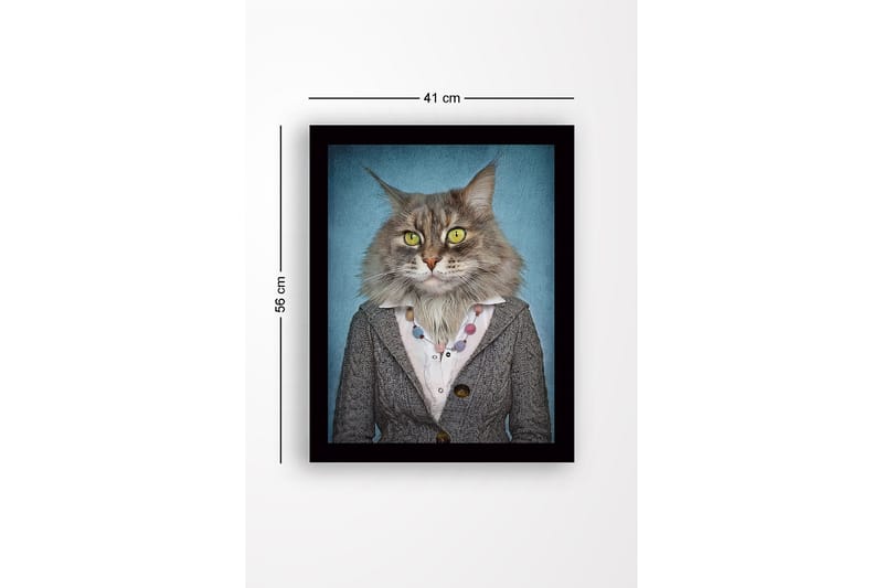 Innrammet lerretsbilde i tre - 41x56 cm - Katt med menneskeklær og uttrykksfulle ansiktstrekk - Grå / Blå / Gul - Innredning - Bilder & kunst