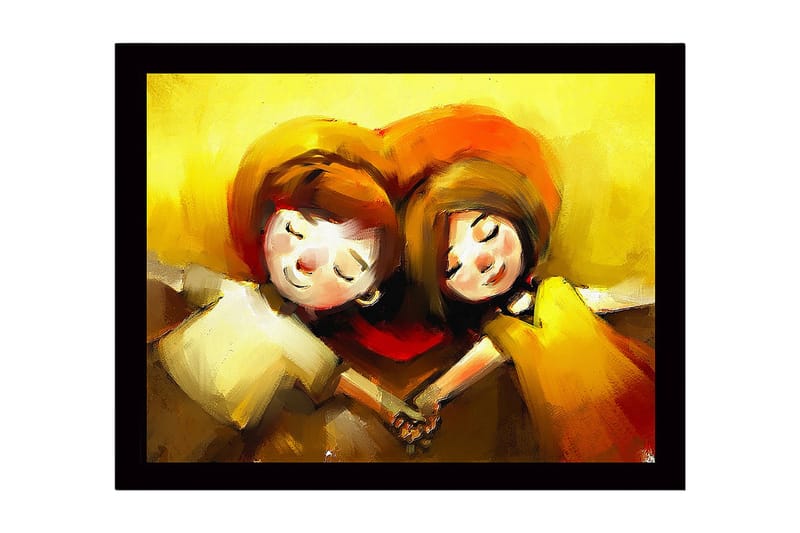Innrammet lerretsbilde i tre - 41x56 cm - Kjærlig par som holder hverandres hender under et hjerteformet motiv - Gul / Oransje / Brun - Innredning - Bilder & kunst