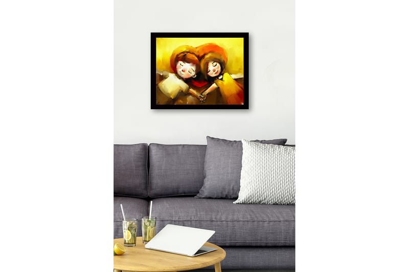 Innrammet lerretsbilde i tre - 41x56 cm - Kjærlig par som holder hverandres hender under et hjerteformet motiv - Gul / Oransje / Brun - Innredning - Bilder & kunst