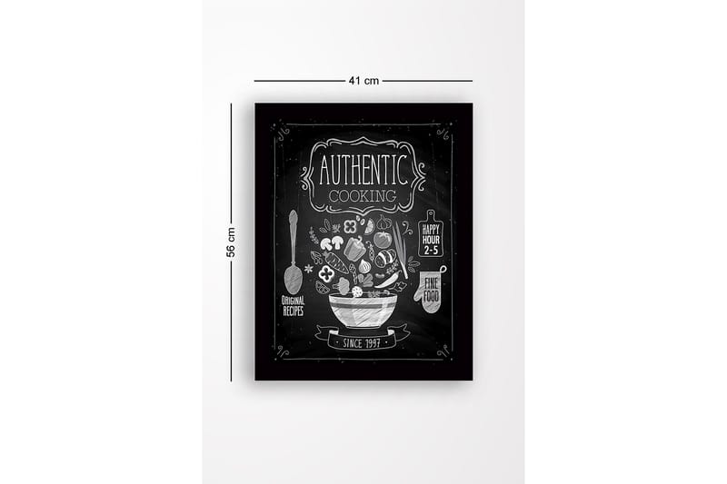 Innrammet lerretsbilde i tre - 41x56 cm - Kjøkkenskilt med en bolle fylt med grønnsaker og kjøkkenutstyr - Hvit / Svart - Innredning - Bilder & kunst