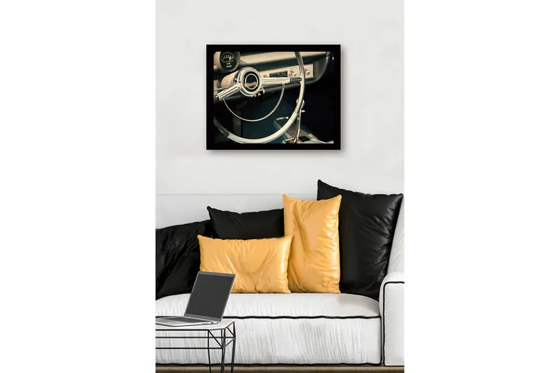 Innrammet lerretsbilde i tre - 41x56 cm - Klassisk bilinteriør med kromratt - Krom / Lyseblå / Svart - Innredning - Bilder & kunst