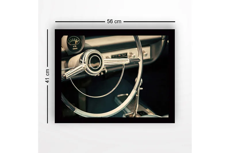 Innrammet lerretsbilde i tre - 41x56 cm - Klassisk bilinteriør med kromratt - Krom / Lyseblå / Svart - Innredning - Bilder & kunst