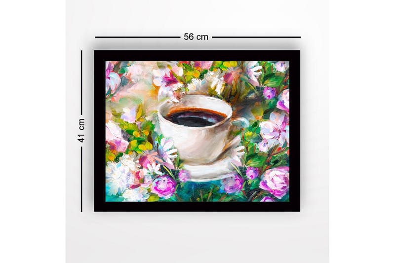 Innrammet lerretsbilde i tre - 41x56 cm - Kopp kaffe omgitt av fargerike blomster - Lilla / Grønn / Hvit - Innredning - Bilder & kunst