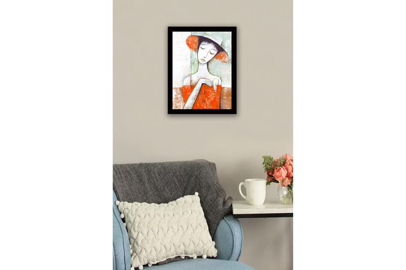 Innrammet lerretsbilde i tre - 41x56 cm - Kvinne med hatt som holder et glass i en fargerik komposisjon - Rød / Hvit / Grønn - Innredning - Bilder & kunst