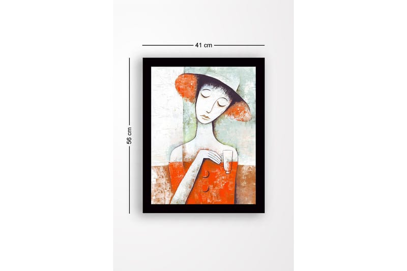 Innrammet lerretsbilde i tre - 41x56 cm - Kvinne med hatt som holder et glass i en fargerik komposisjon - Rød / Hvit / Grønn - Innredning - Bilder & kunst